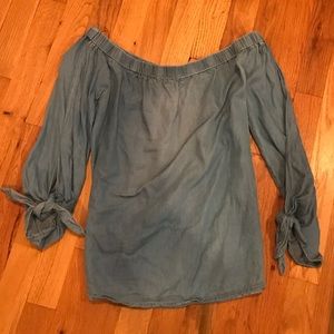 Off the shoulder long sleeve denim shirt